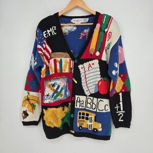 Vintage 90s Womens M Cardigan Sweater Teacher Back To School Kids Education